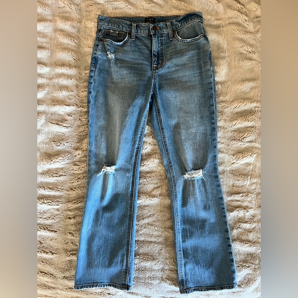 J. Crew Women's Blue Distressed Jeans, Mid-Rise Flare Crop size 26